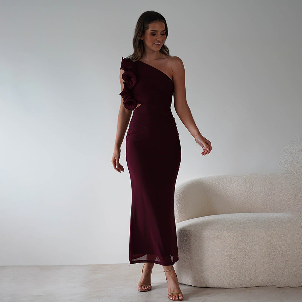 Damen Figurschmeichelndes Midi-Kleid mit asymmetrischem Ausschnitt und Rüschendetails GR