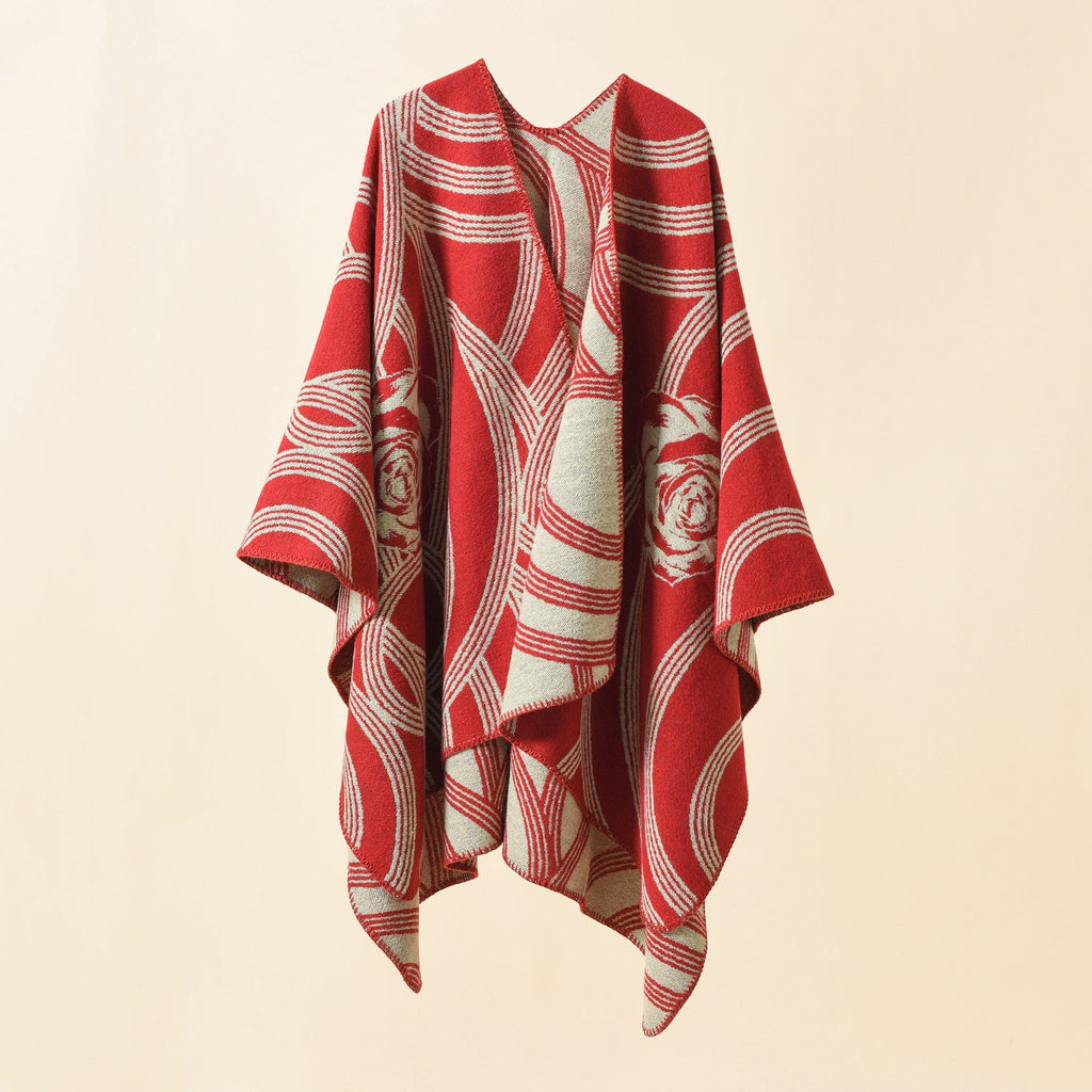 Women's Artful Wrap Poncho with Elegant Floral Design GR