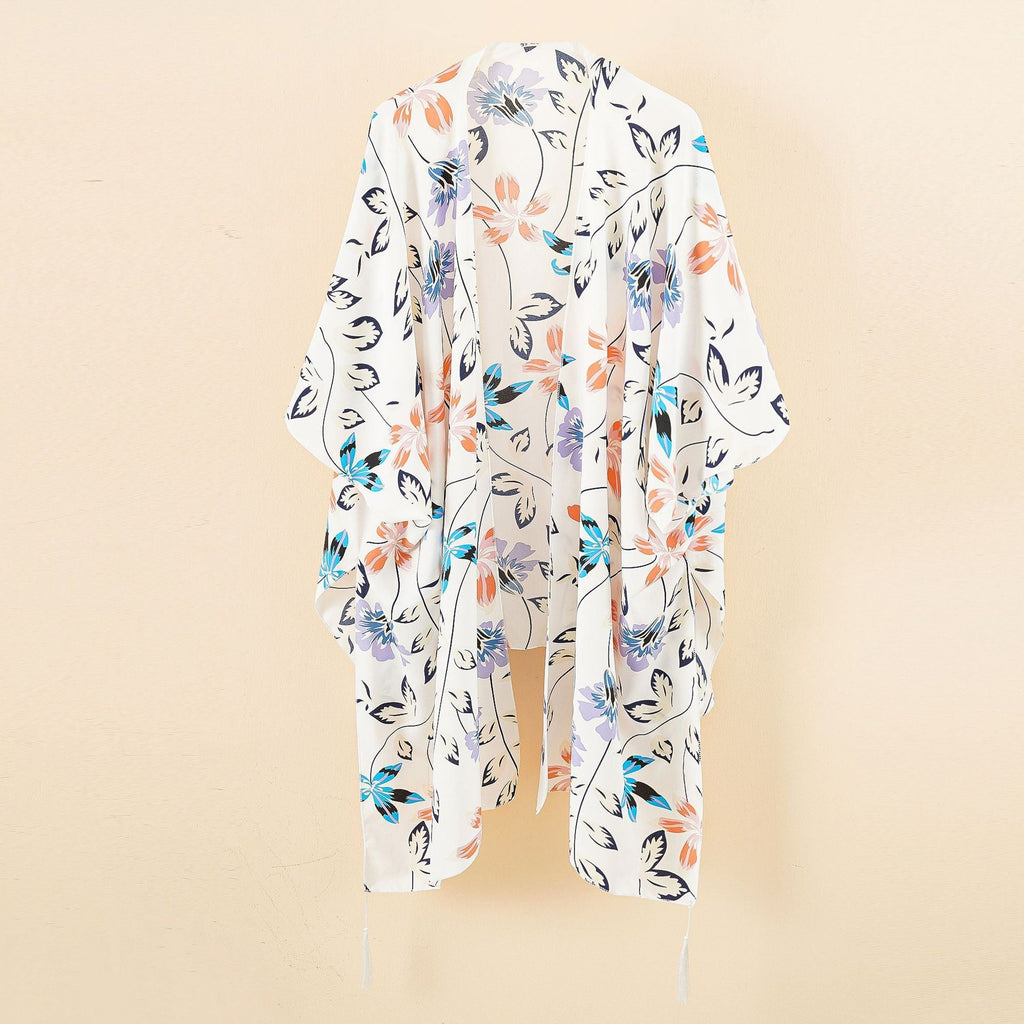 Women's chiffon kimono with floral design and fringed edges, size S