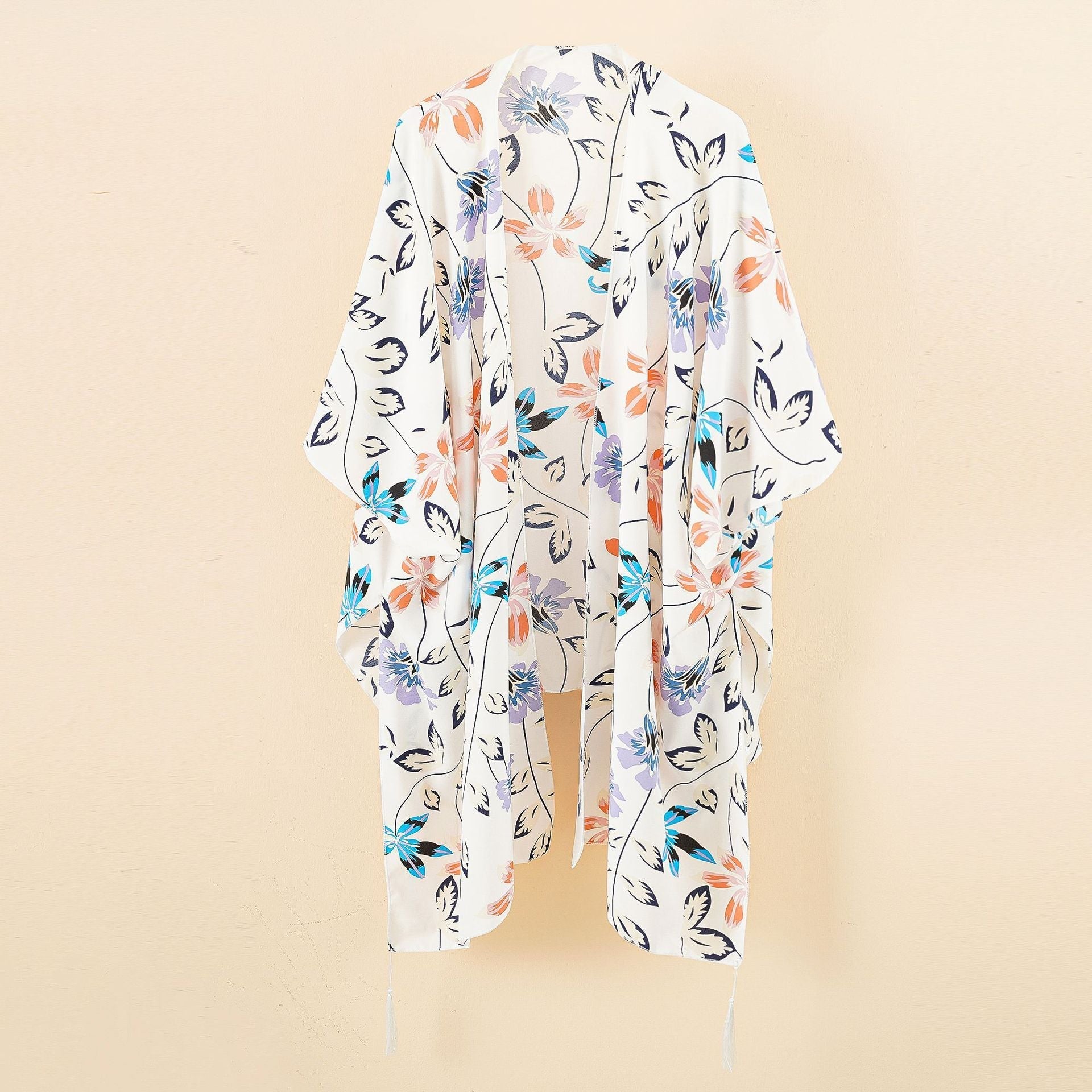 Damen Chiffon-Kimono mit floralem Design und fransigen Kanten GR