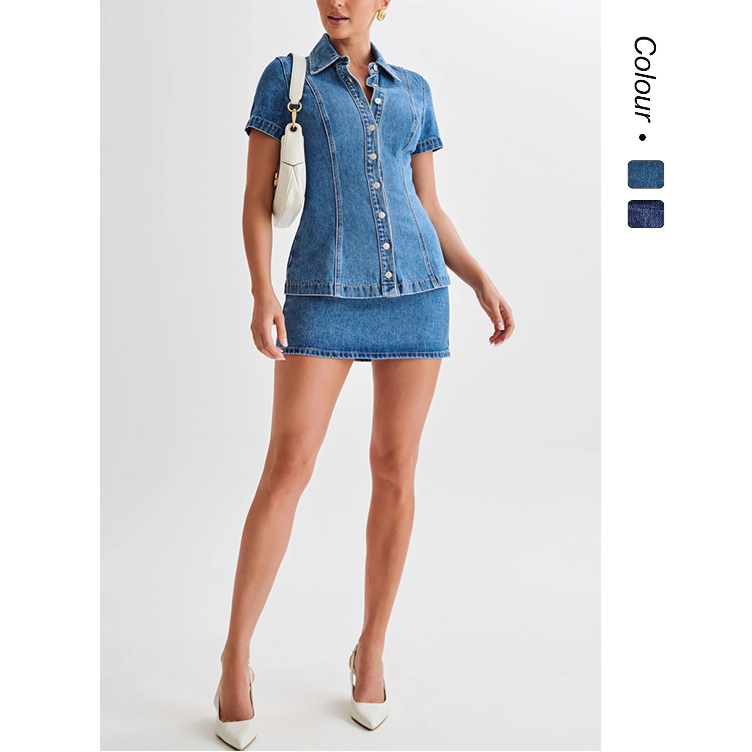 Damen Jeanskleid mit knöpfbarem Kragen und eng anliegendem Rock GR