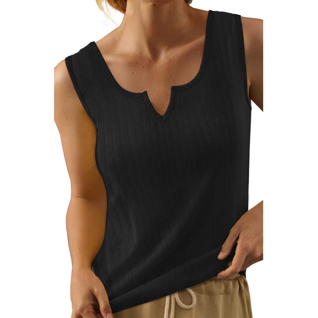 Women's sleeveless top with structured V-neck and fine rib design, size GR