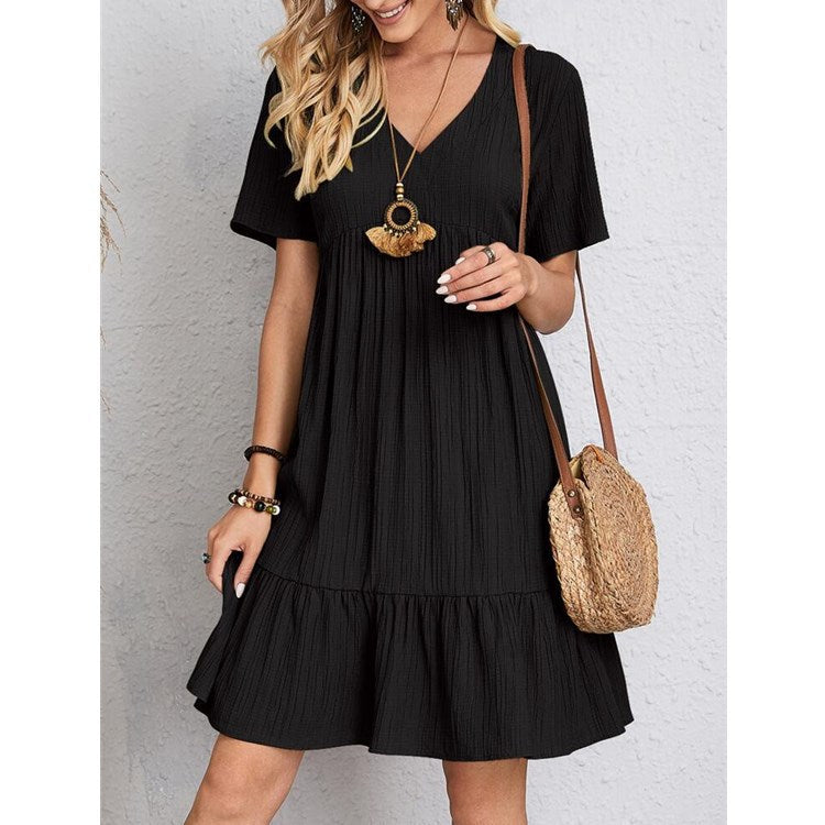 Women's casual dress with voluminous hem and V-neck, size