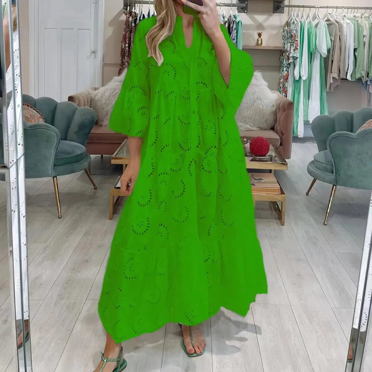 GR | Women's full-length V-neck dress in French style