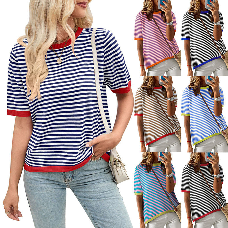 Women's comfortable striped casual blouse with contrasting collar, size
