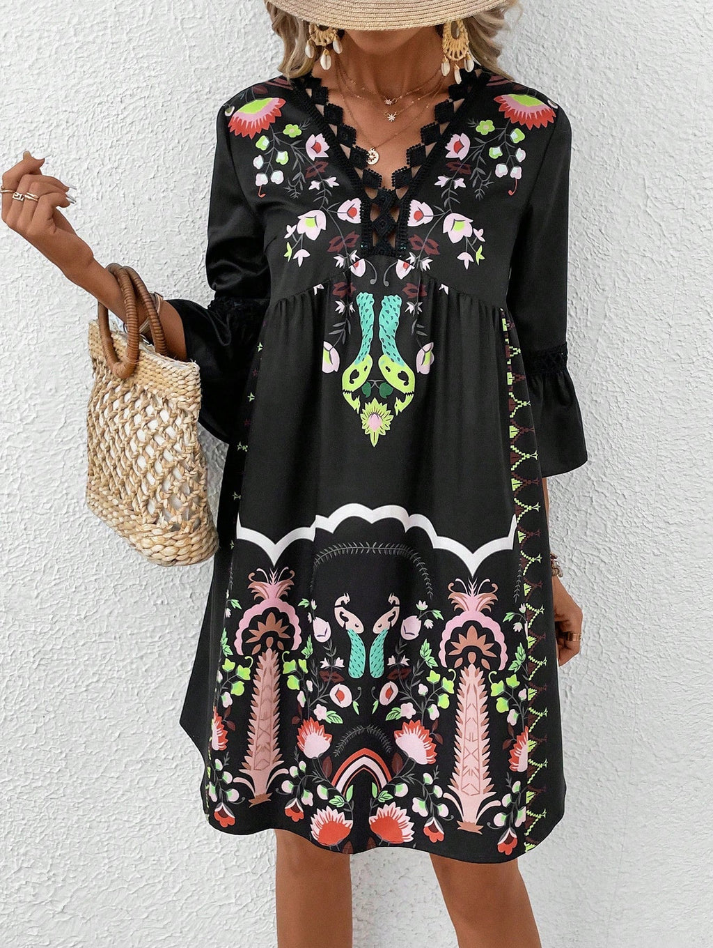 Women's boho-inspired dress with lace details and floral pattern, size S