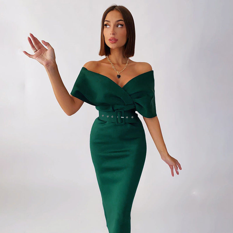 GR | Off-Shoulder Fitted Dress with Belt