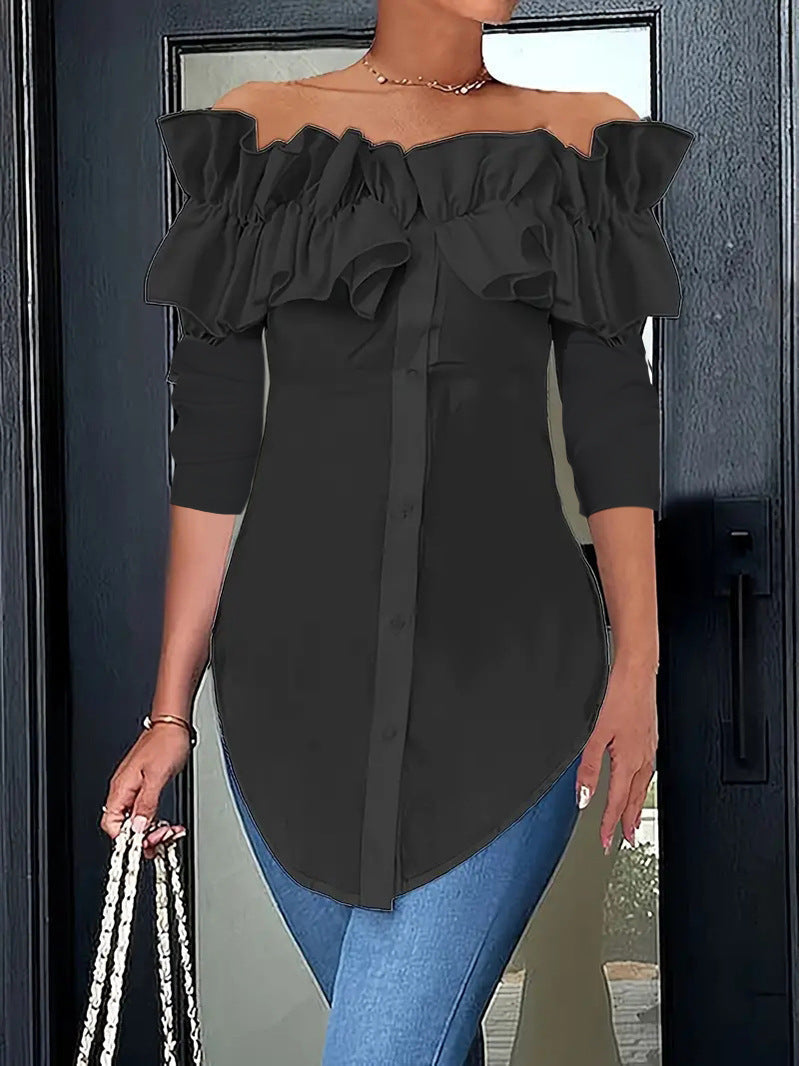 Damen Bluse mit schulterfreiem Design und voluminösen Rüschendetails GR
