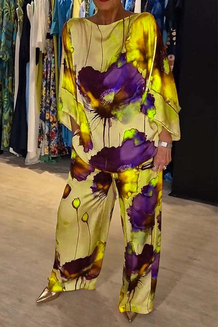 GR | Elegant satin one-shoulder printed loose set 