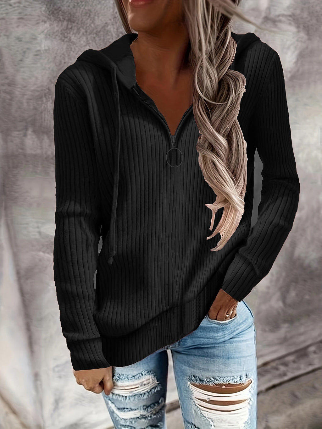 Damen Hoodie mit Reißverschluss und lässigem Rippenstrickdesign GR