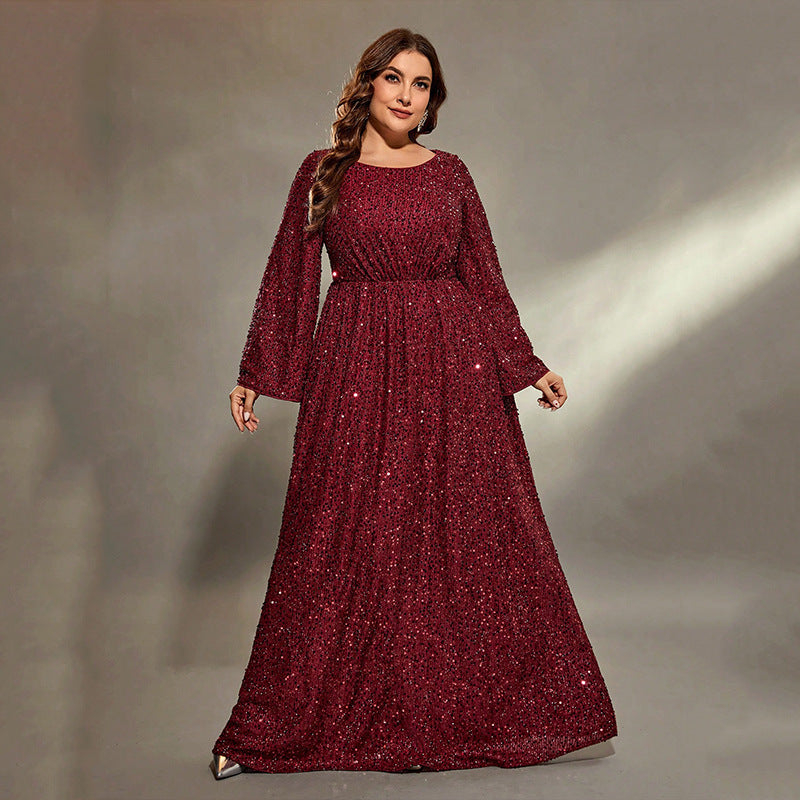 GR | Plus Size Evening Dress Women Cocktail Extra Flattering Sequin Long Host Annual Meeting Dress