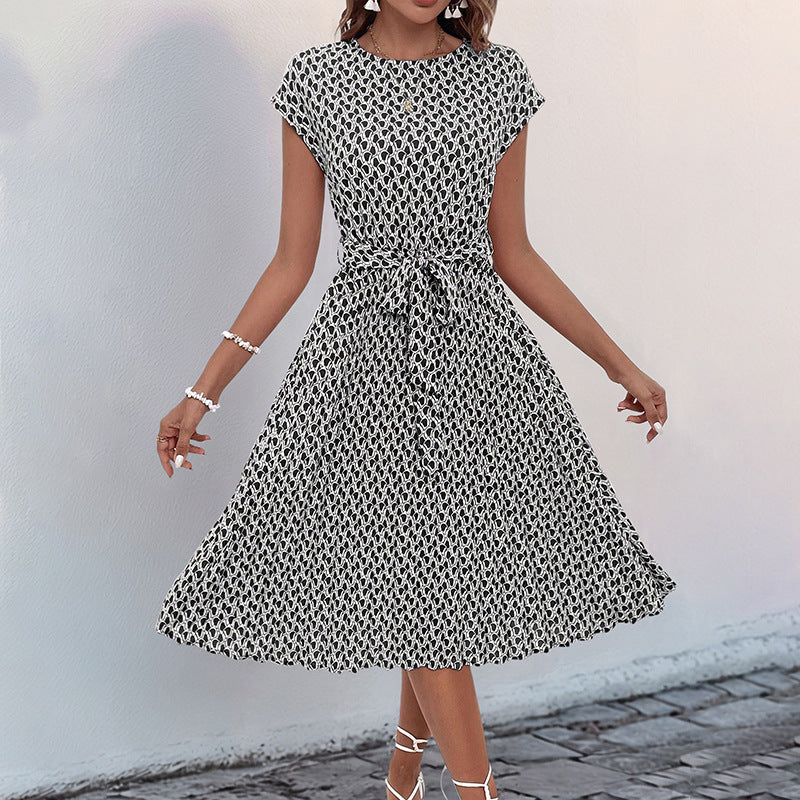 Women's midi dress with asymmetrical cut and fashionable tie belt, size