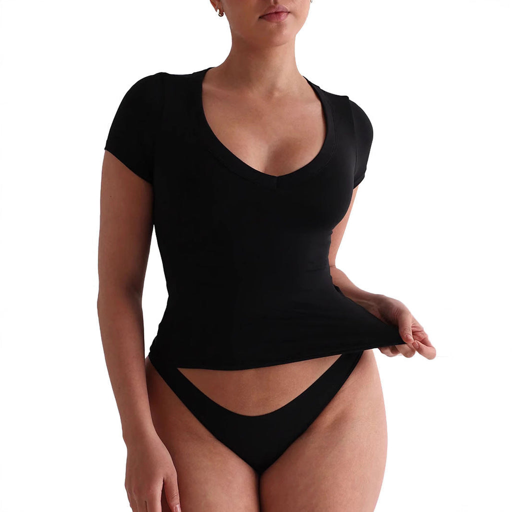 Damen figurbetontes V-Neck T-Shirt mit kurzen Ärmeln GR
