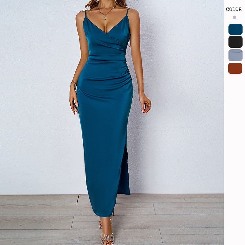 Women's figure-hugging evening dress with V-neck and elegant draping design, size S