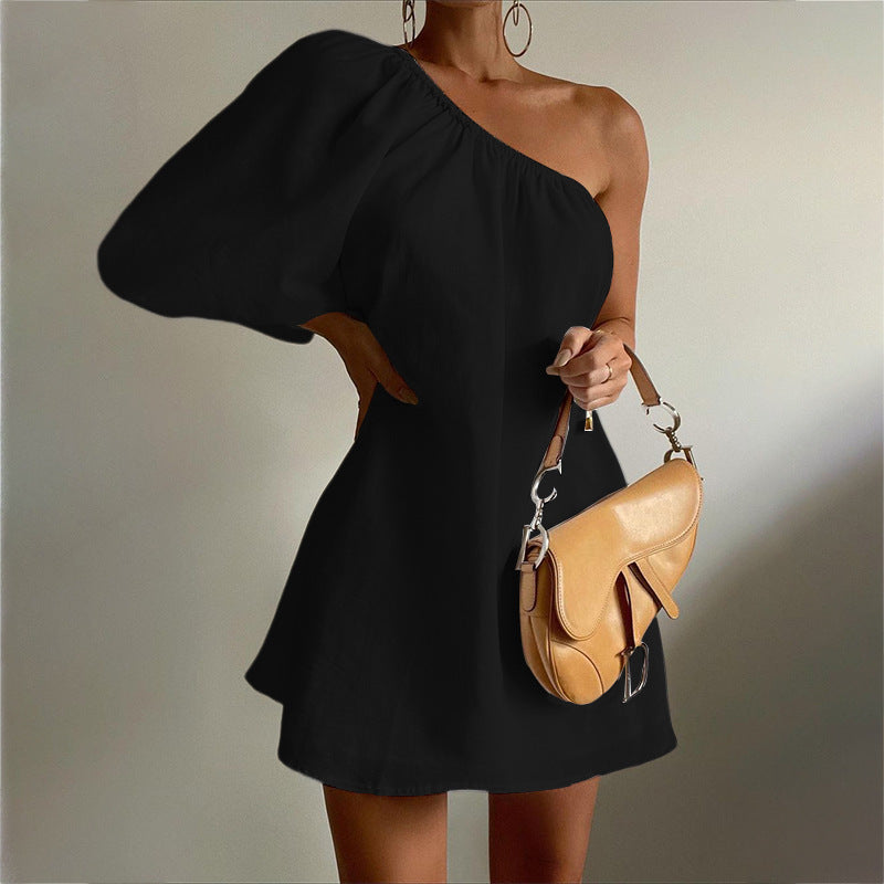 Women's charming one-shoulder dress with voluminous sleeves and elasticated waistband, size [size]