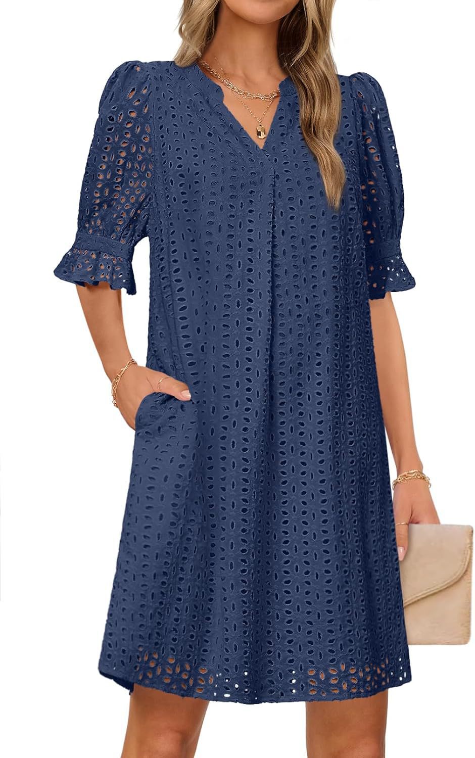 Women's airy summer dress with romantic openwork pattern and practical pockets, size