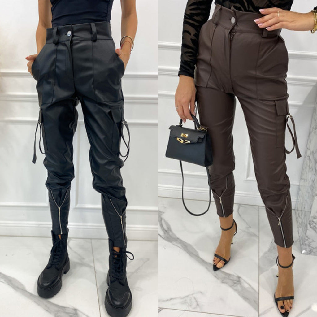 Women's waterproof faux leather cargo pants with zippers and adjustable cuffs, size