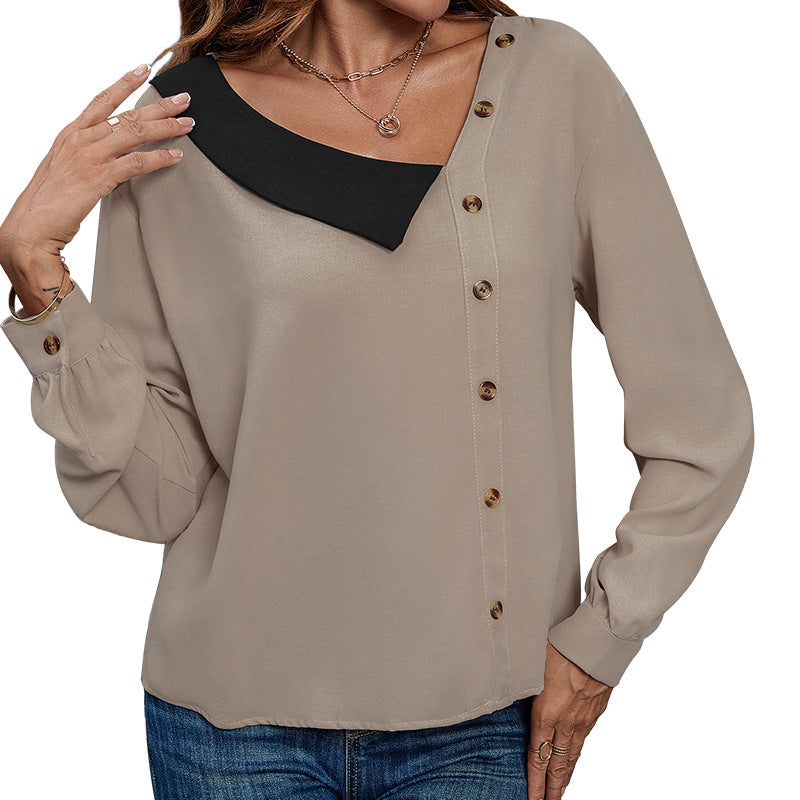 Women's blouse with asymmetrical collar and button details, size
