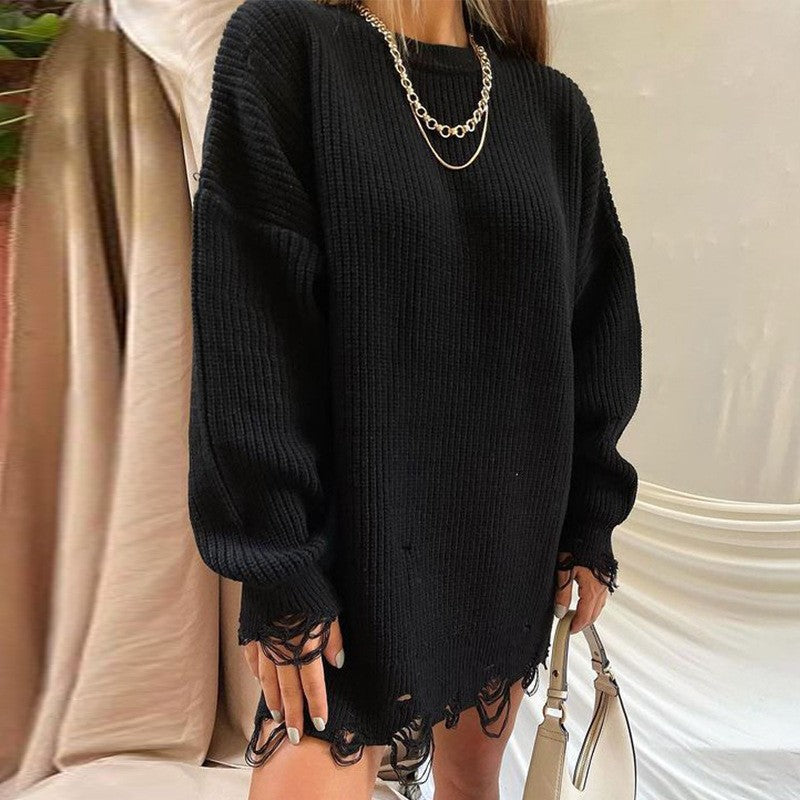 GR Ripped O Neck Oversized Sweater Kleid