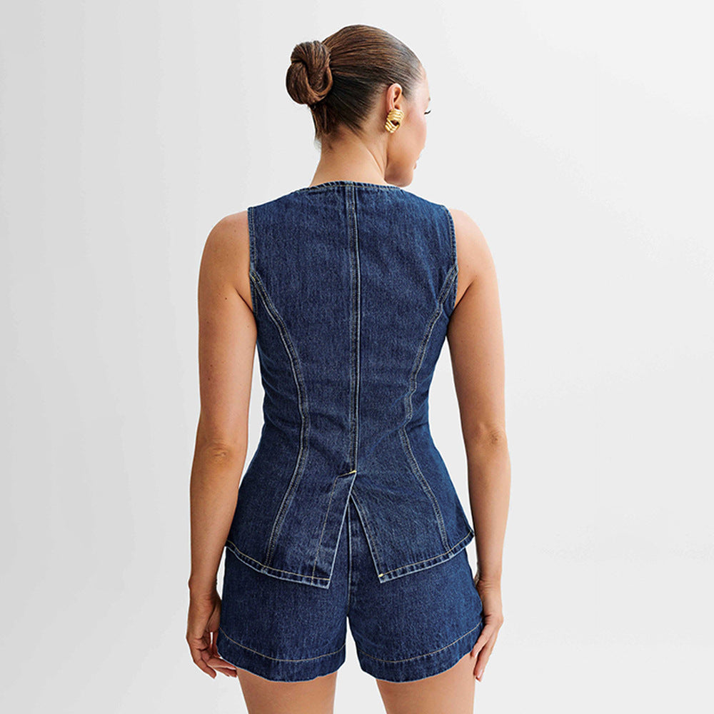 GR | Denim Slim Fit Vest Shorts Two-Piece Set