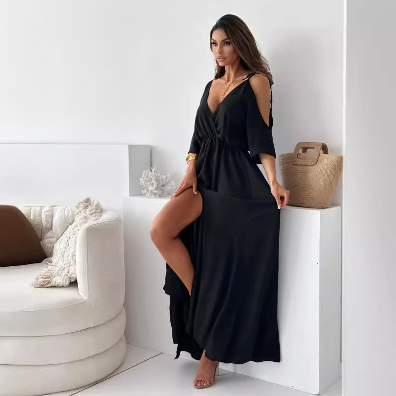 GR | Satin-Träger-Spitzen-V-Ausschnitt-Langes Kleid