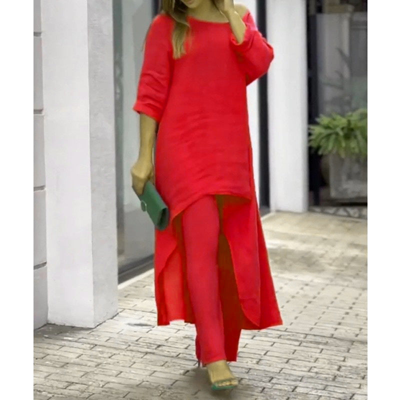 GR | Irregular cotton-linen wide leg two-piece set 