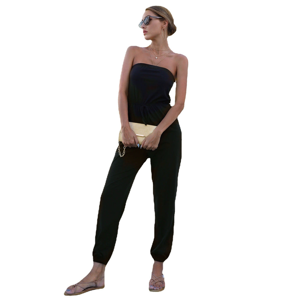 Women's jumpsuit with strapless design and elastic waist belt, size