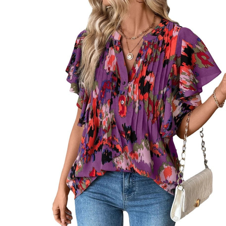 Damen Bluse mit eleganten Rüschendetails und verspieltem Print GR