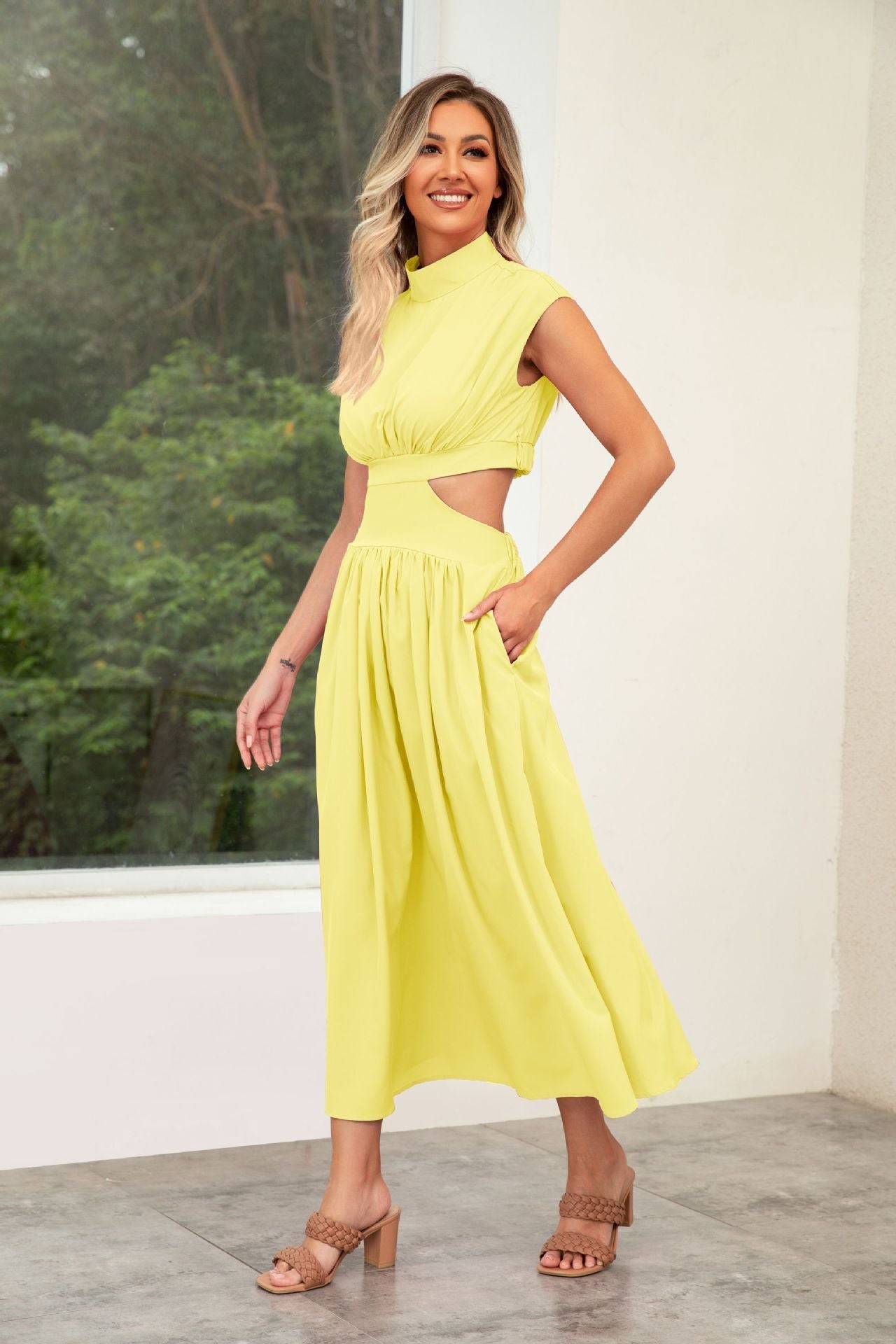 Women's cut-out summer dress with high collar, size