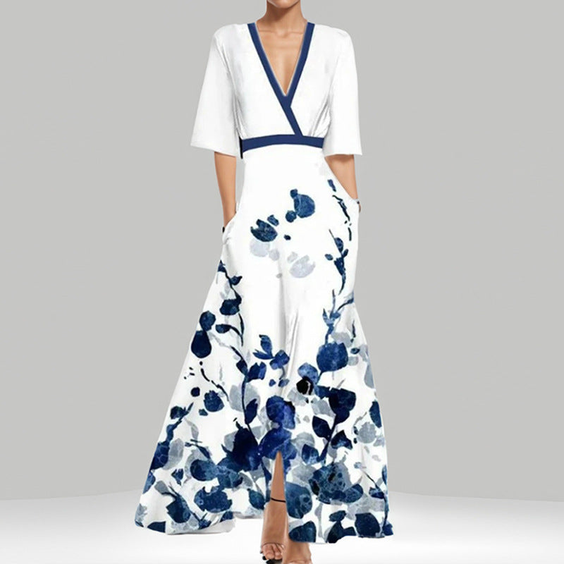 GR | Elegant V-neck printed waist dress with peplum