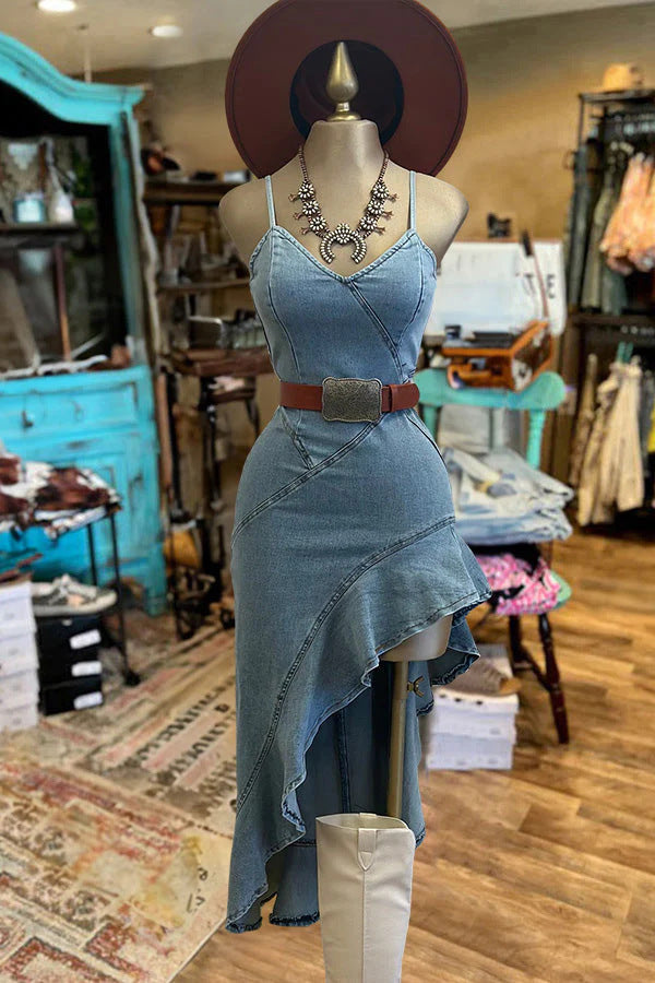 GR | Ruffled hem denim split dress