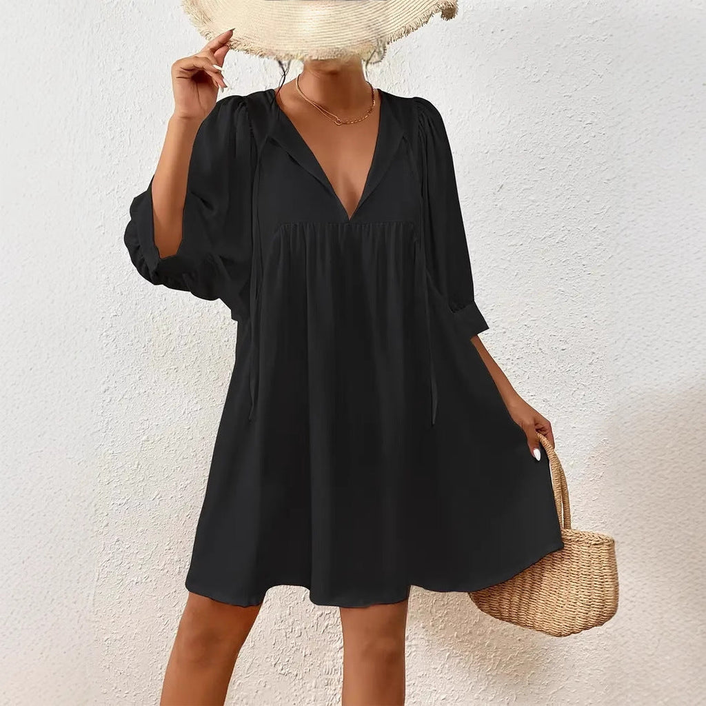 Damen lässiges Kleid mit modernen Puffärmeln GR