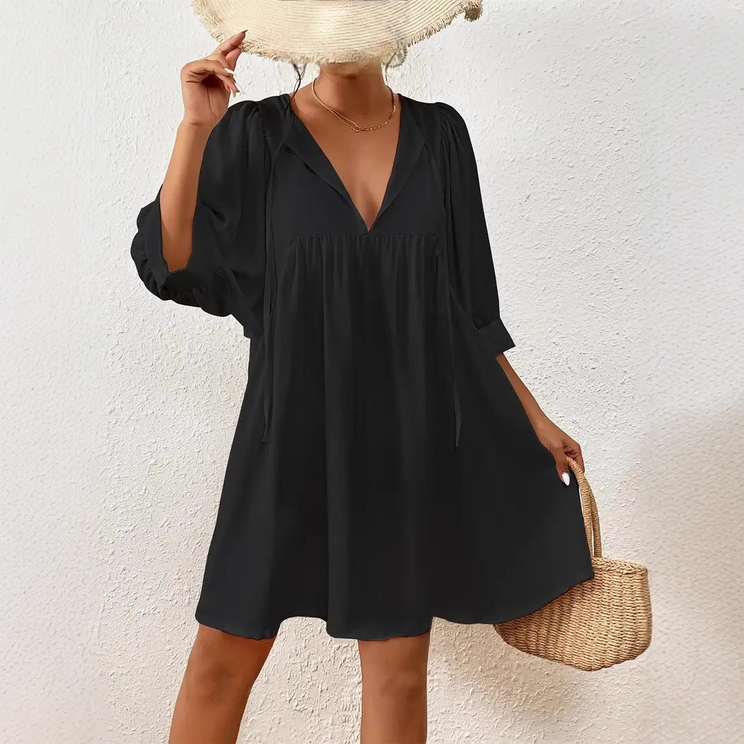 Damen lässiges Kleid mit modernen Puffärmeln GR