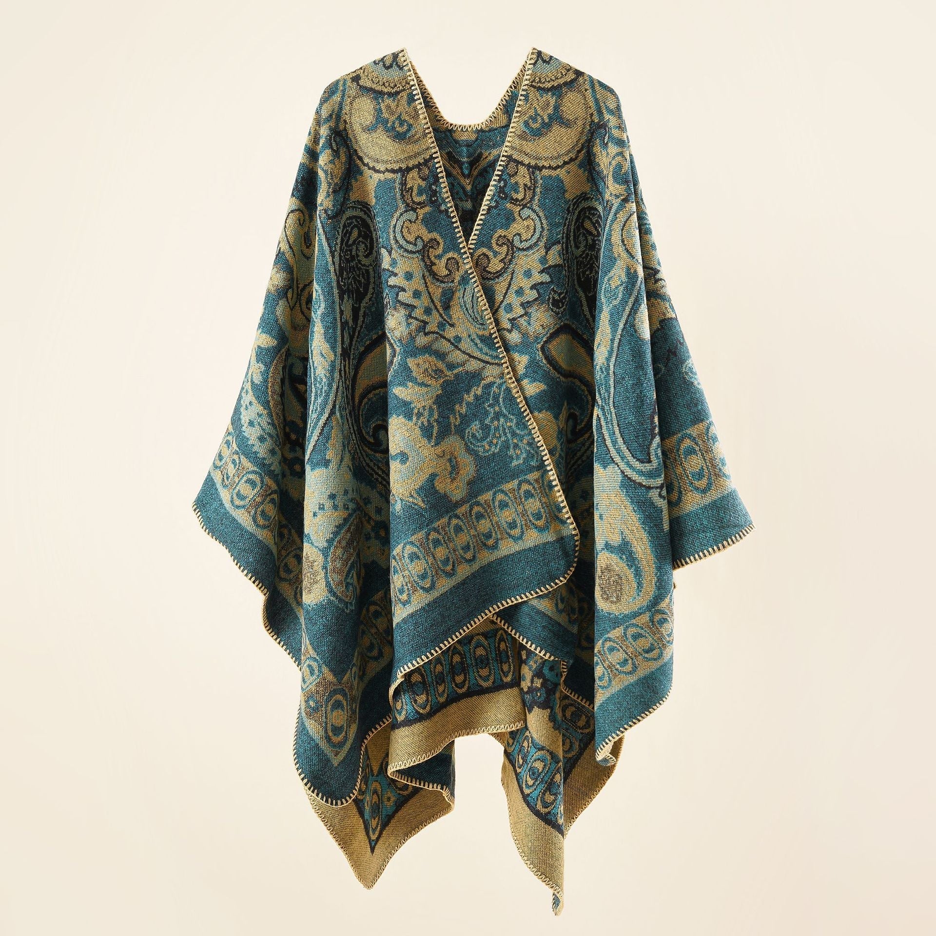 Women's elegant poncho with an artistic floral pattern and luxurious feel (size not specified)