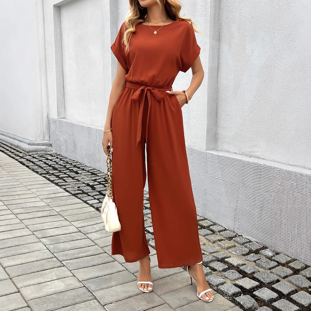 Women's jumpsuit with wide legs and waist belt, size