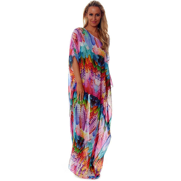 Women's beach kaftan with colorful feather design and airy cut, size S