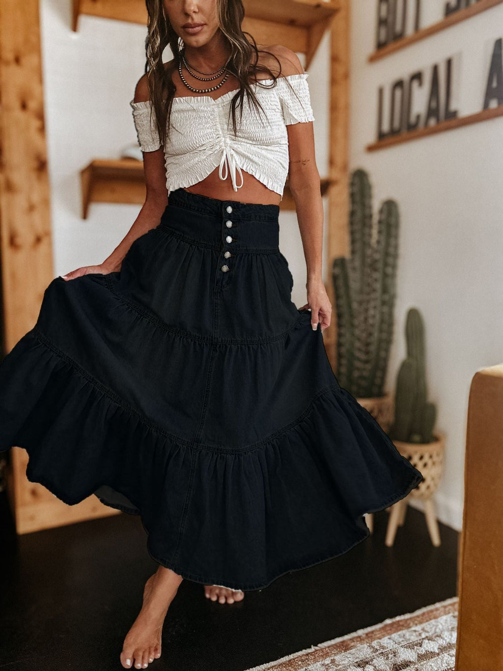 Damen Baumwollrock mit voluminösem Stufen-Design und modischem Knopfdetail GR