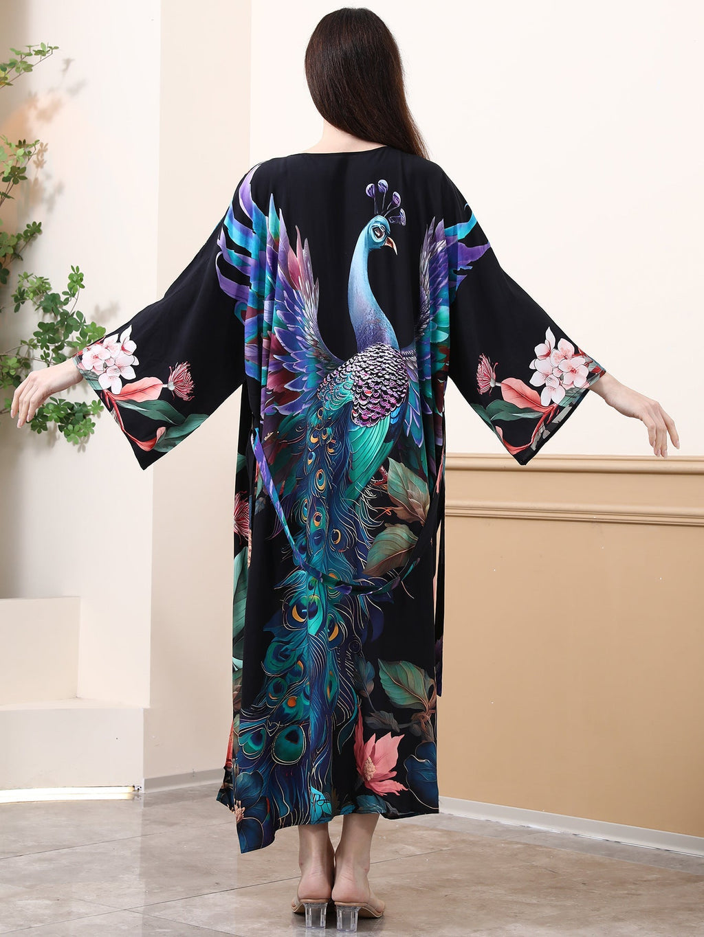 Women's kimono with colorful peacock motif and wide cut, size S