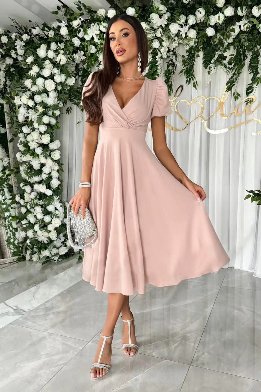 Women's elegant wrap dress with charming puff sleeves, size