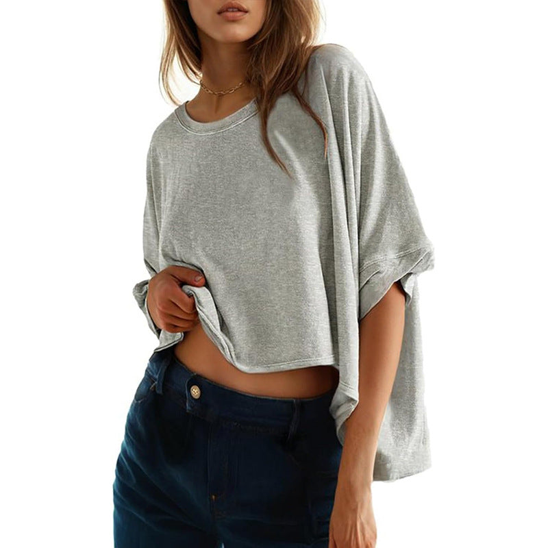 Women's casual cropped top with wide sleeves and round neckline, size