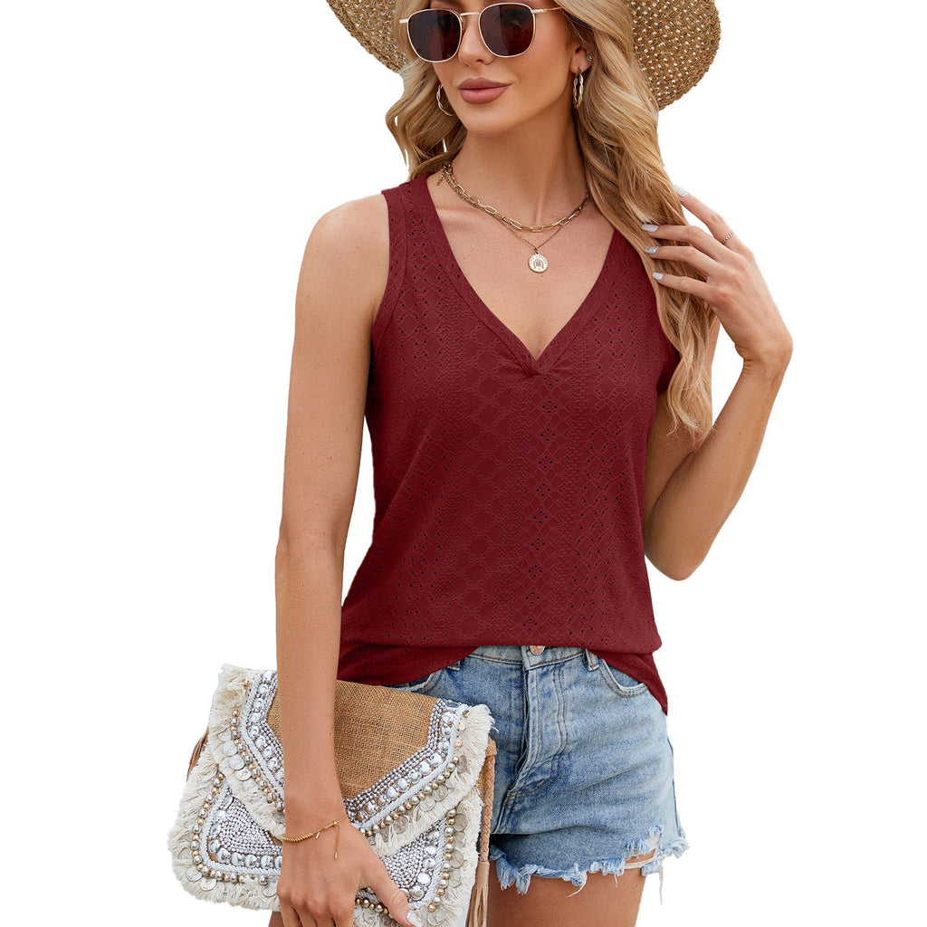 Women's sleeveless lace top with V-neck and decorative openwork patterns, size