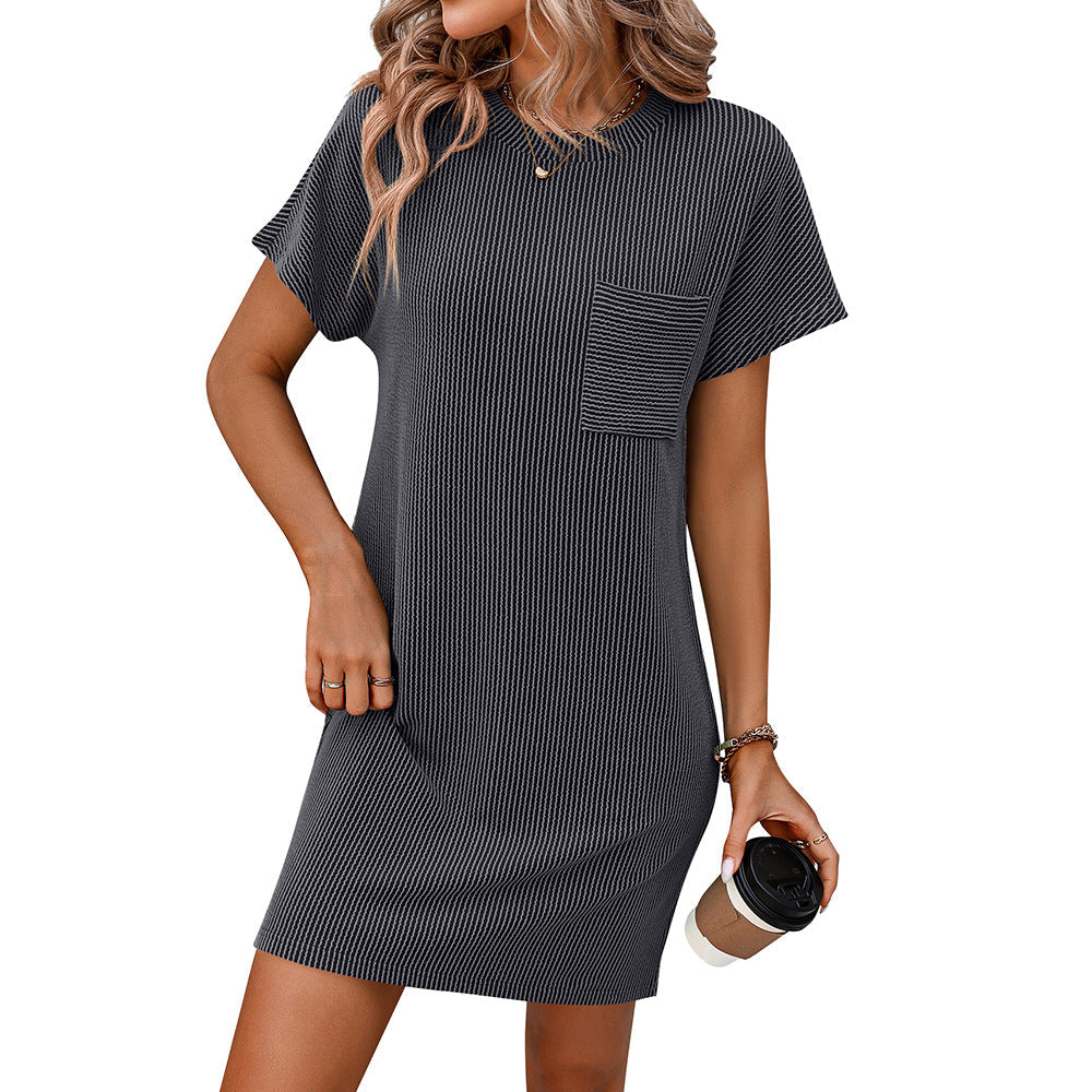 Women's casual short-sleeved dress with striped design and practical pocket, size S