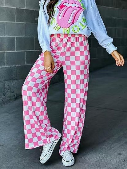 Damen Karierte Palazzo-Hose mit elastischem Bund und praktischen Seitentaschen GR