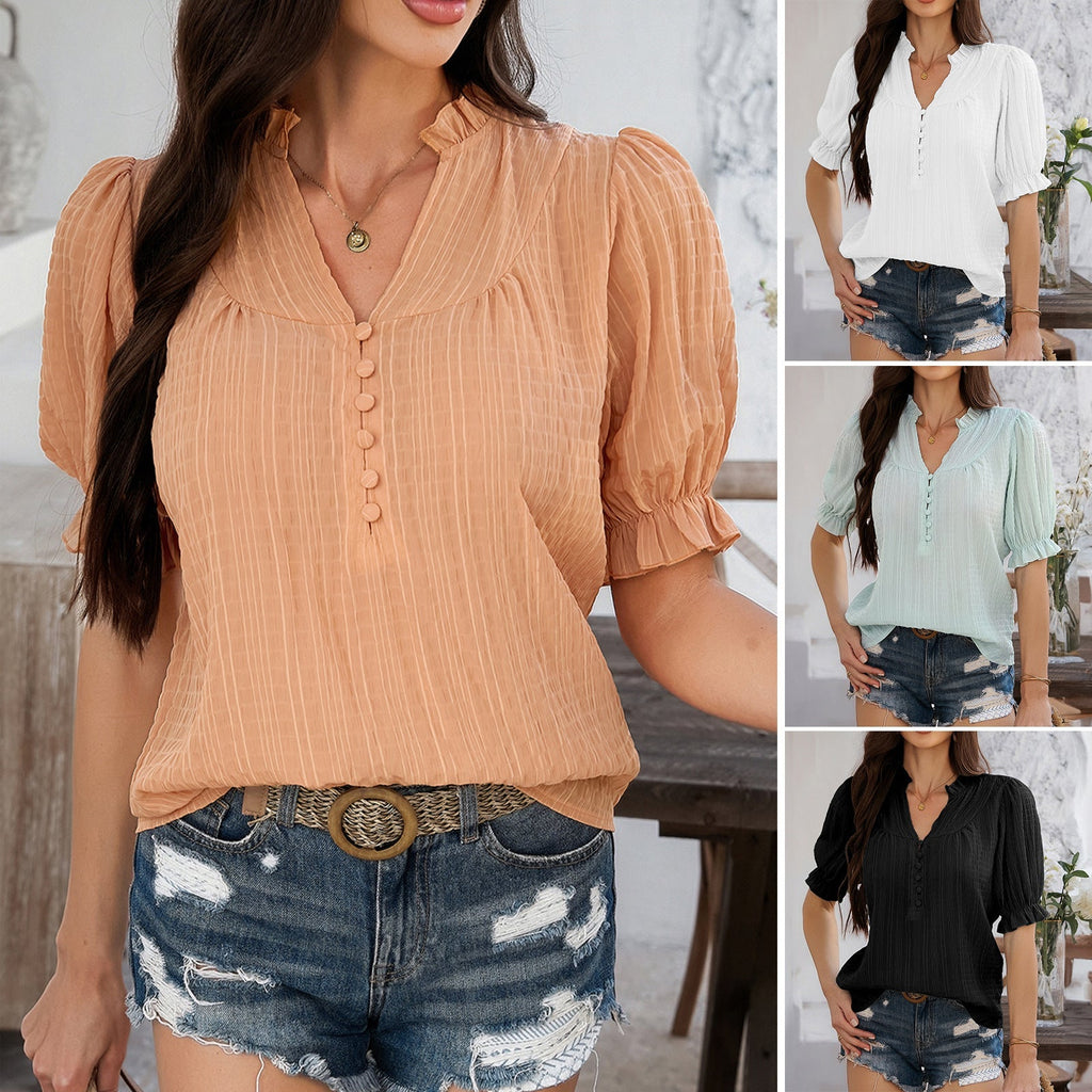 Damen Bluse mit Puffärmeln und dekorativen Knöpfen GR
