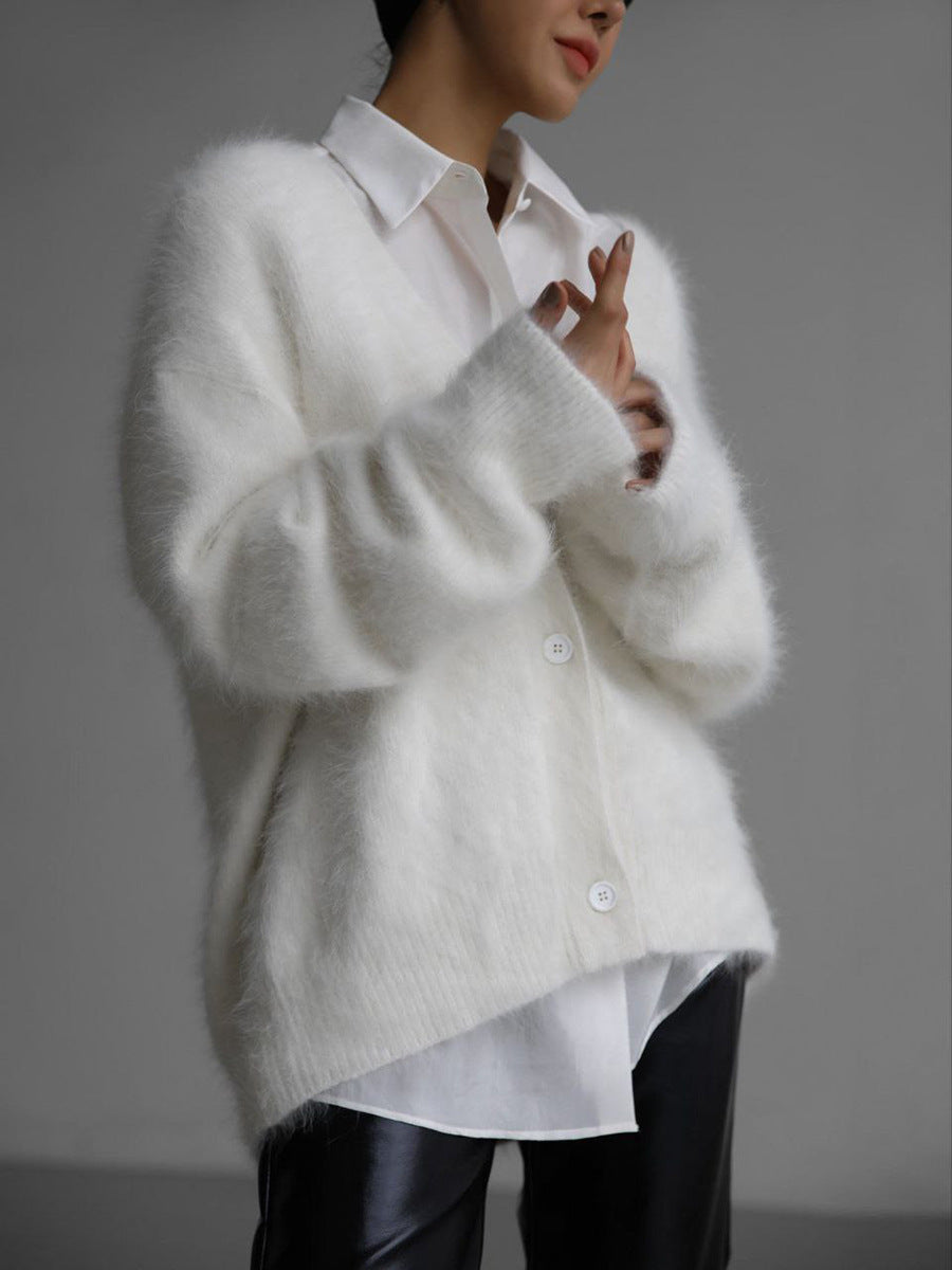 GR Plush Loose Long Sleeve V-Neck Buttoned Cardigan