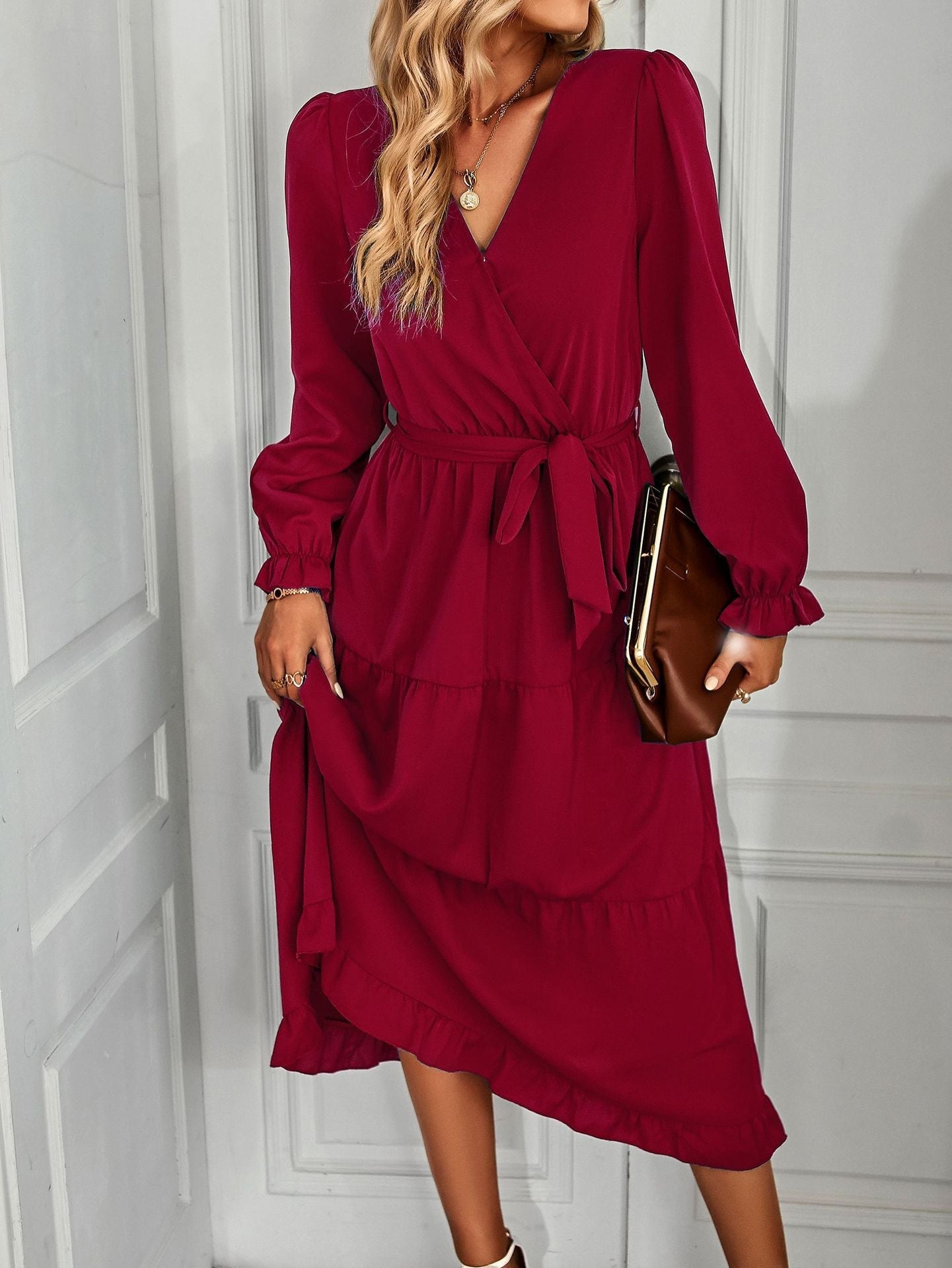 Women's wrap dress with ruffles and waist belt, size