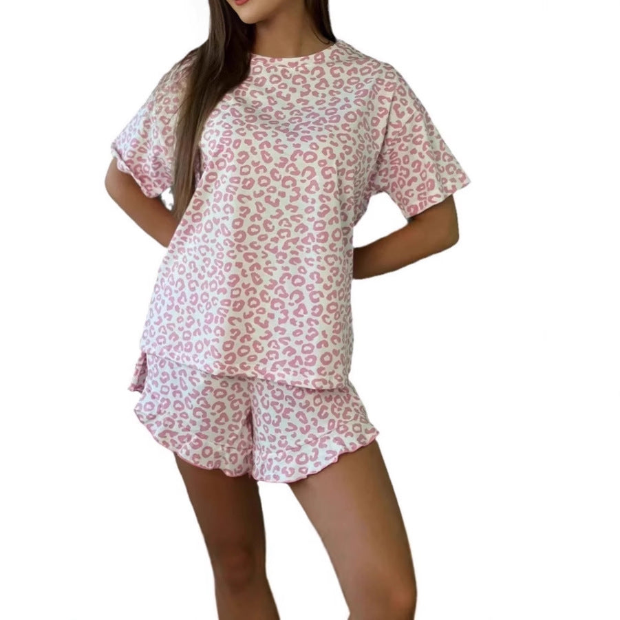 GR | Leopard Print Short Sleeve Shorts Pajamas Loungewear Set