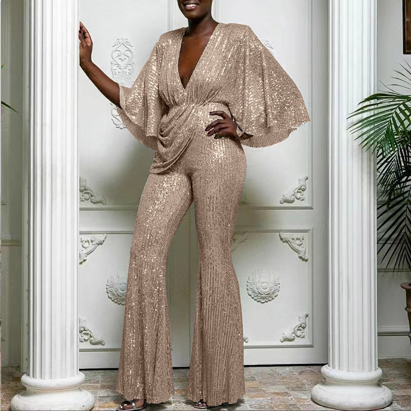 GR | Sequin Deep V Backless Long Pants Jumpsuit