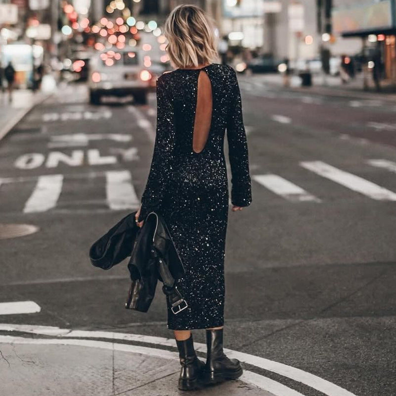 Women's glittery midi dress with an elegant round neckline and figure-flattering cut, size [size]