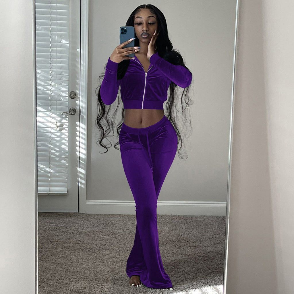 Damen Velours Tracksuit mit Zip-Front und weit geschnittener Hose GR
